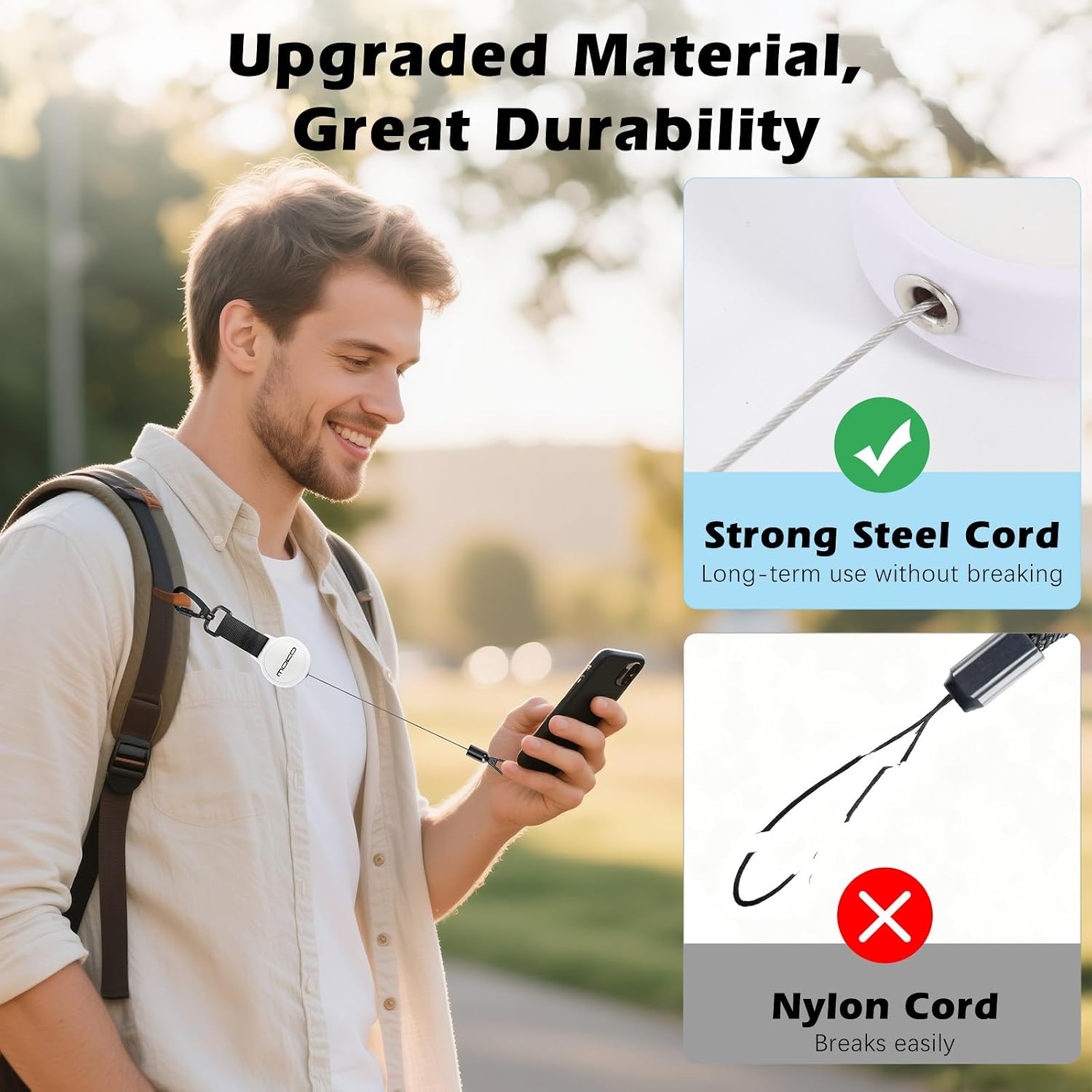 Detalle 2 de MoKo Einziehbares Handy-Sicherungsband: Diebstahlschutz, 360°-Halterung und robuste Stahlseilführung für Outdoor-Aktivitäten