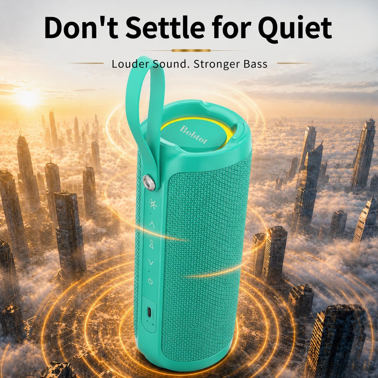 Detalle de Bobtot Portable Bluetooth Speaker (Teal) — IPX6 Waterproof, 15W, RGB Lighting, 15+ Hours, Dual Pairing