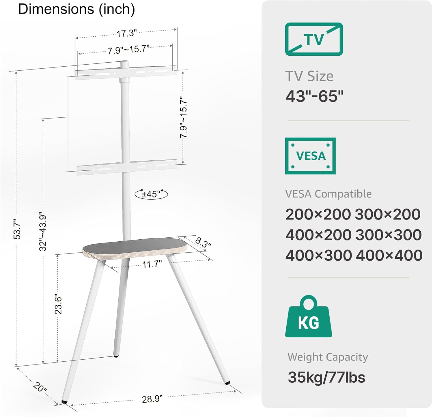 Thumbnail 6 de ECOTINY Metal Leg Tripod TV Stand for 43–65 Inch TVs