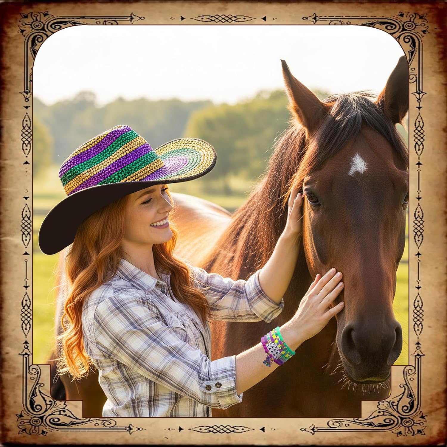 Detalle de Meng Jiaran Glitter Sequin Cowboy Hat with Bead Bracelets – Unisex Festival Accessory Set