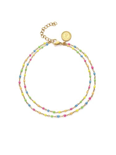 SINGULARU Tobillera Mujer Doble Dots Neon Enamel Acero Baño Oro