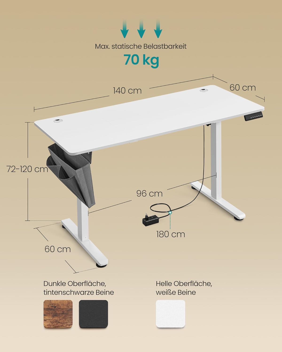 Thumbnail 1 de SONGMICS Höhenverstellbarer Schreibtisch elektrisch 140 × 60 cm – 4 Speicherhöhen, stufenlos verstellbar