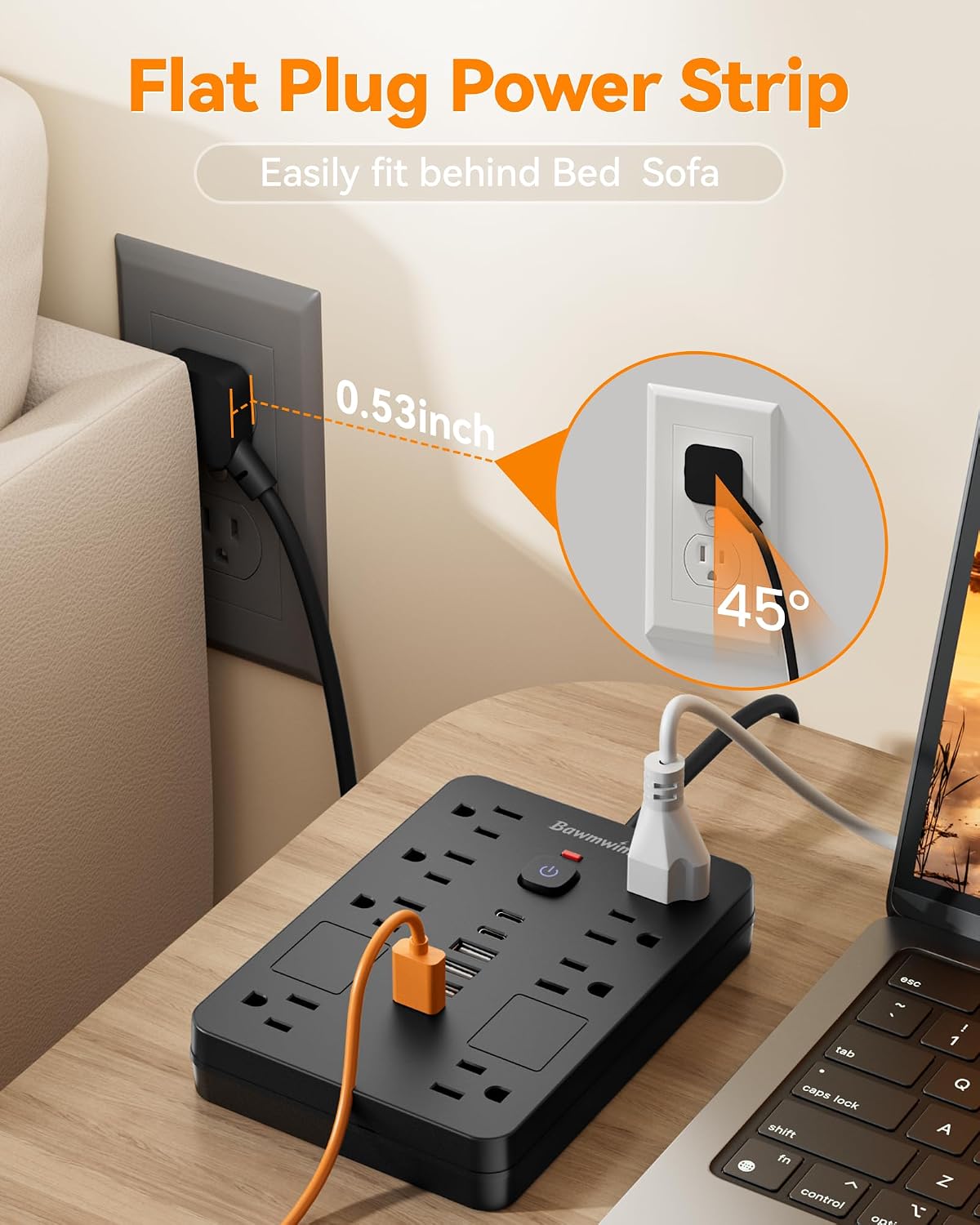 Detalle de Bawmwim Surge Protector Power Strip: 8 Outlets, 6 USB Ports, 6ft Flat Plug, ETL Listed