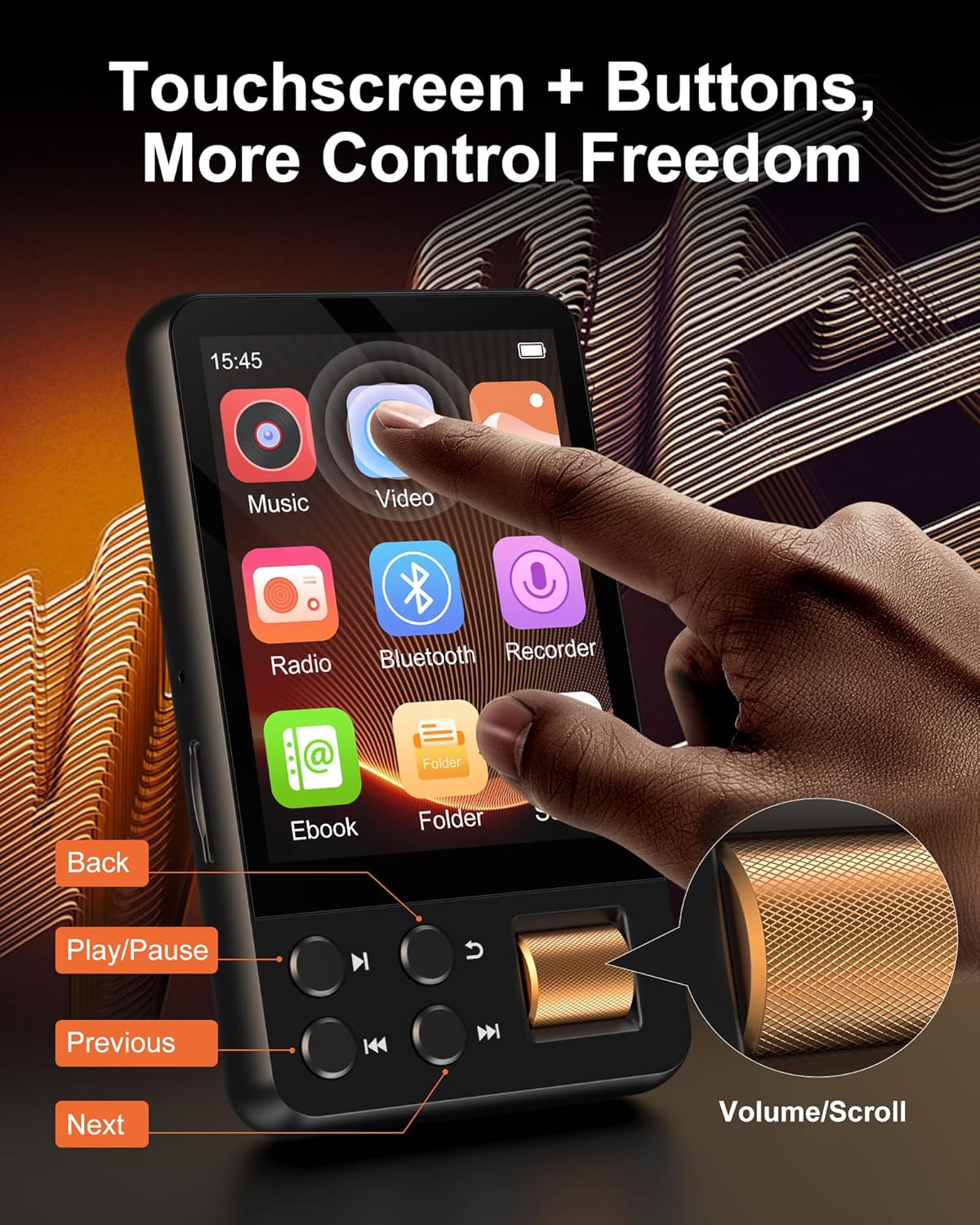 Detalle 2 de AGXOV Lecteur MP3 Bluetooth 5.4 avec écran tactile 2,4" et carte TF 128 Go — multiformat et hors ligne