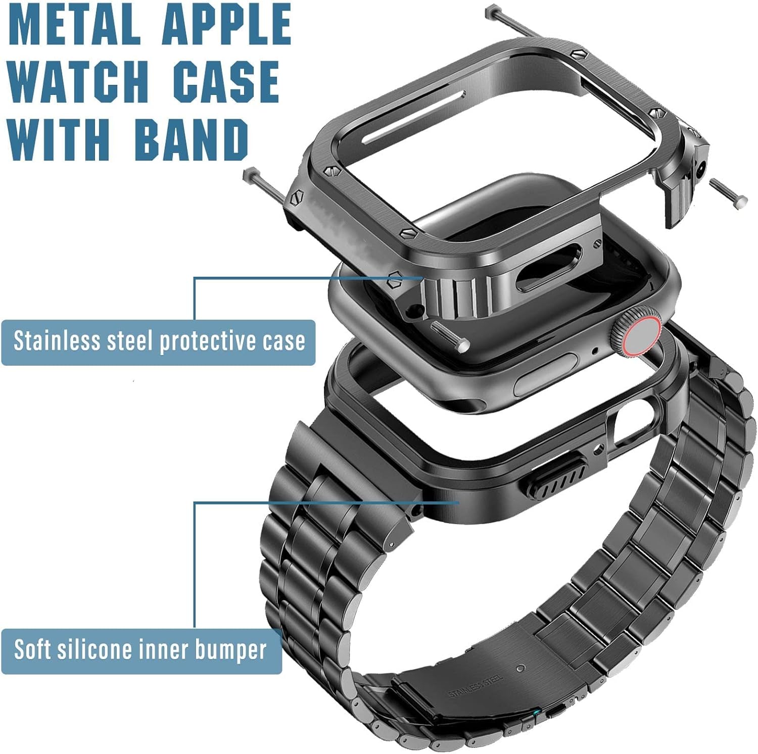 Thumbnail 2 de MioHHR Stainless Steel Watch Band with Case for Apple Watch — Rugged Metal Cover, 38–49mm