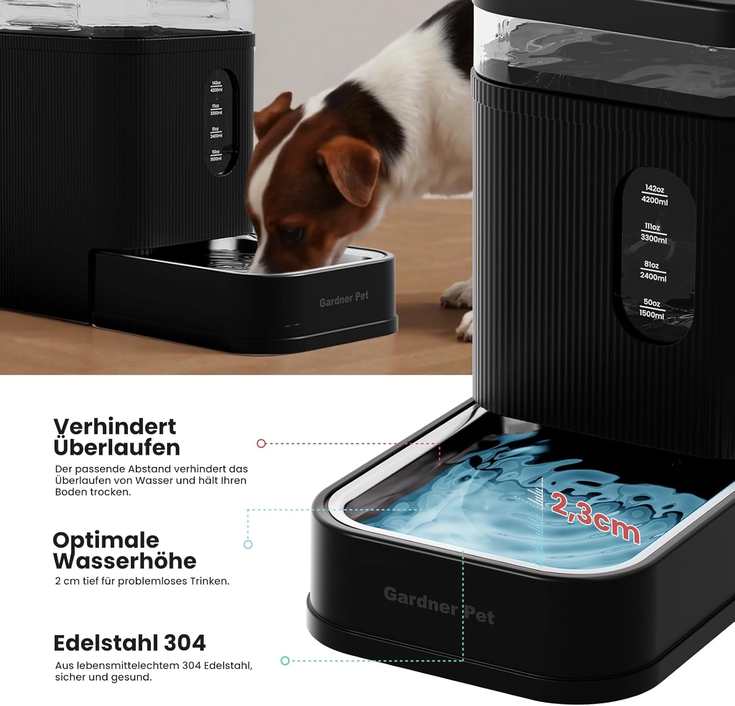 Detalle de Gardner Pet automatischer Wasserspender mit 6,5 l Schwerkraft-Futterbrunnen – ohne Strom, Edelstahl-Schüssel