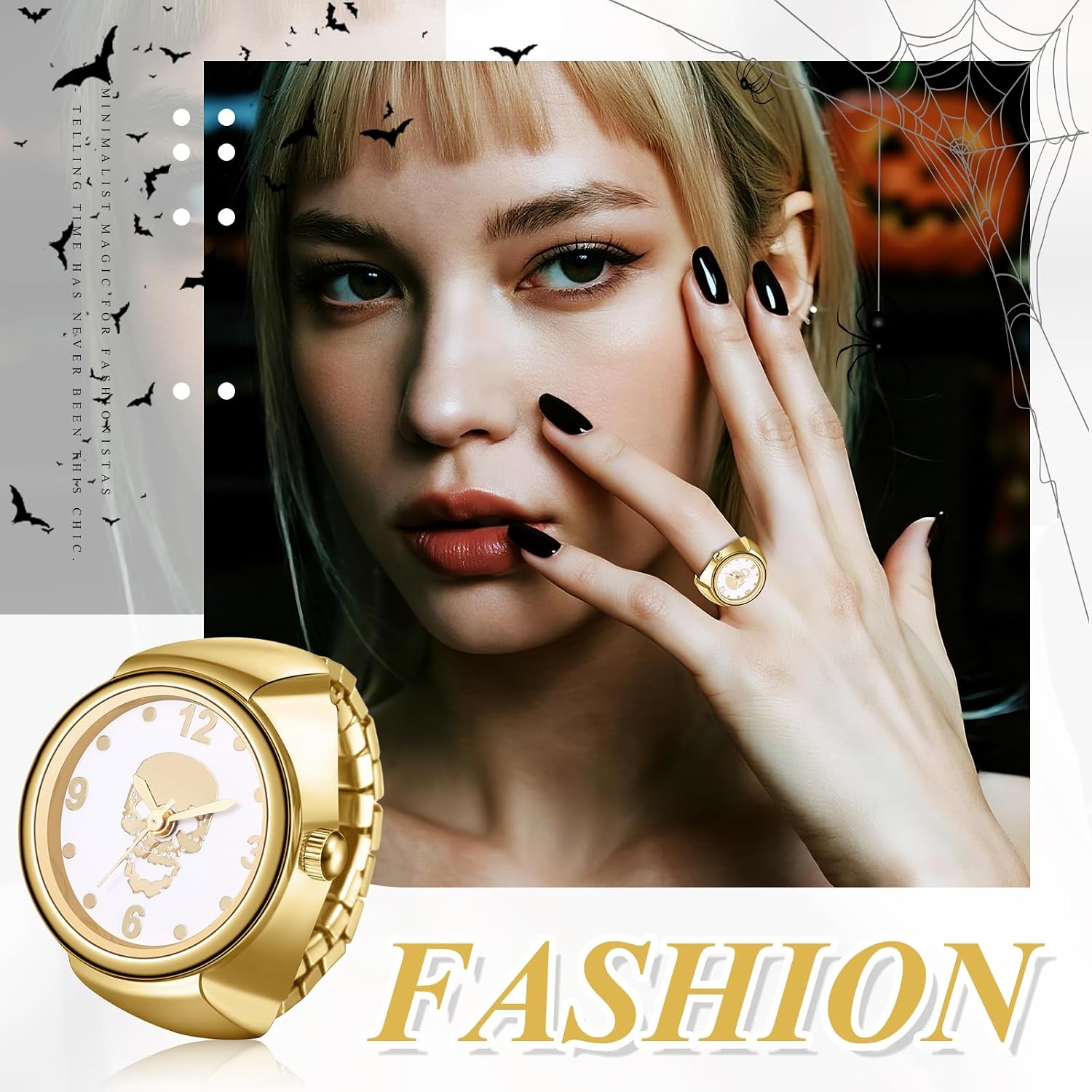 Thumbnail 6 de JewelryWe Ringuhr Damen Elastische Fingeruhr – Gold, Totenkopf-Design, Quarzwerk