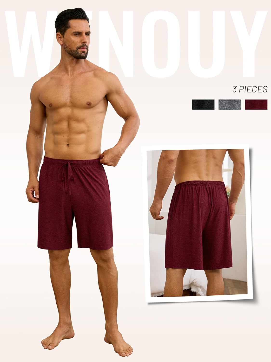 Detalle de Wenouy 3 Pack Mens Pajama Shorts with Pockets – Soft Sleep Shorts for Lounge and Sleep