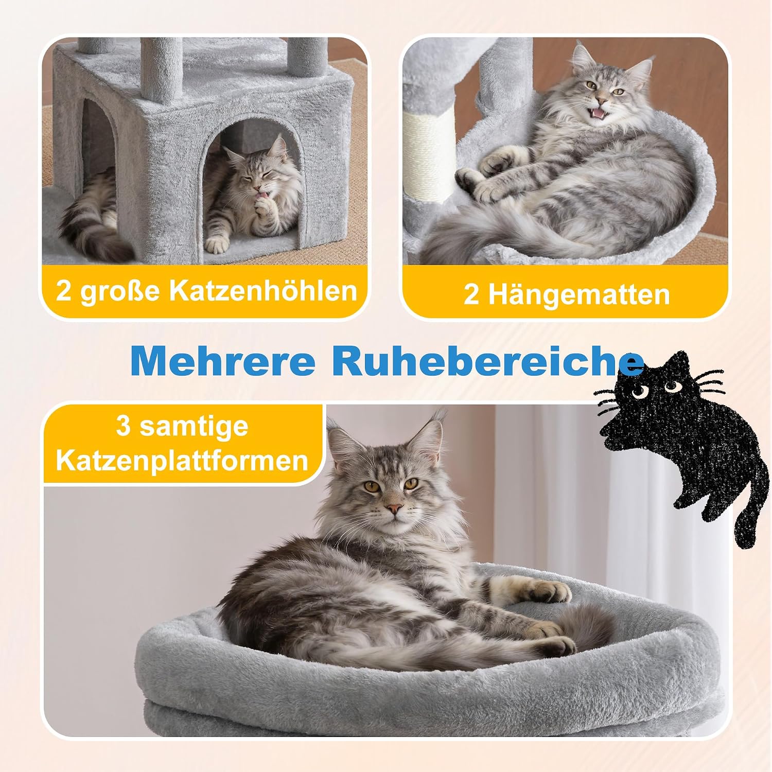 Thumbnail 3 de Hey-brother Katzenbaum 171 cm – stabiler Kratzbaum mit 3 Plattformen, 2 Höhlen und 2 Katzenbetten (Hellgrau, MPJ084W)