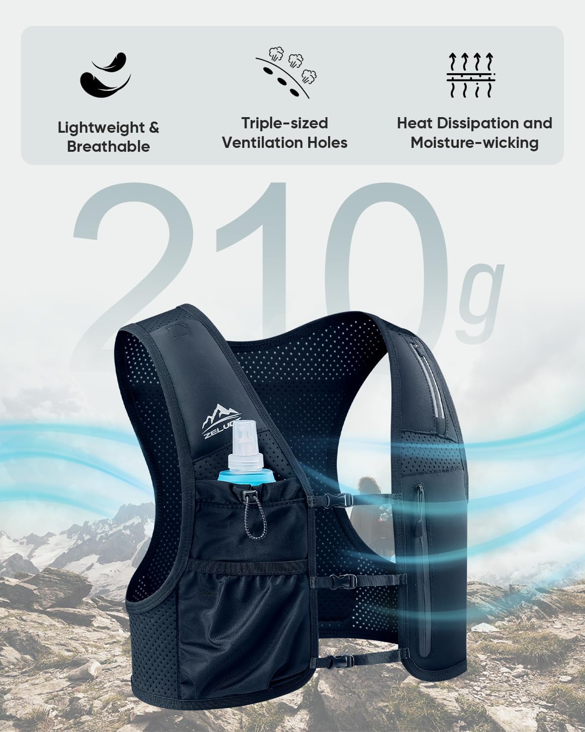 Detalle de Zelvot Running Hydration Vest with 500 mL Soft Flask, 6 Pockets and Reflective Details