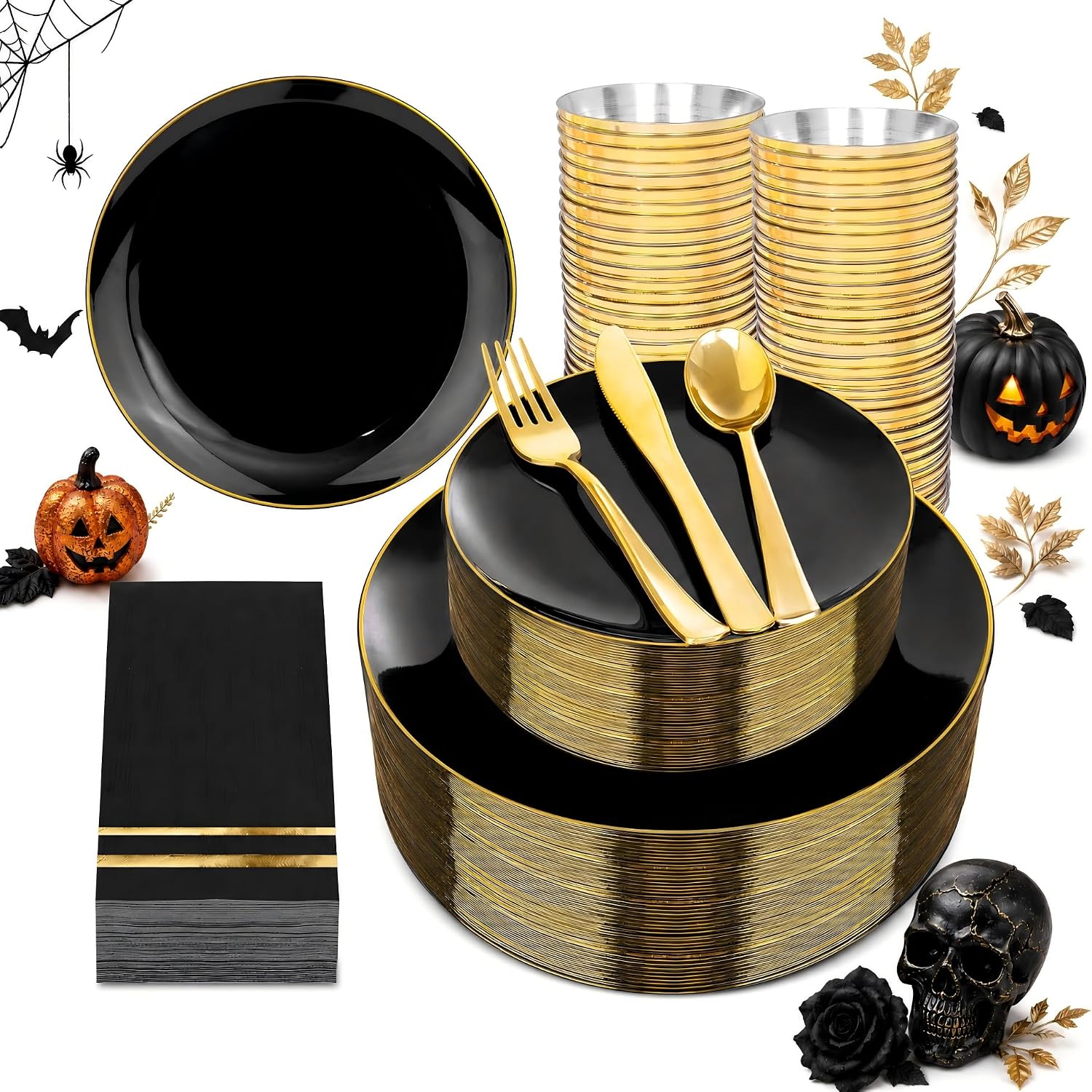 NOCCUR 350-Piece Black and Gold Disposable Dinnerware Set for 50 Guests
