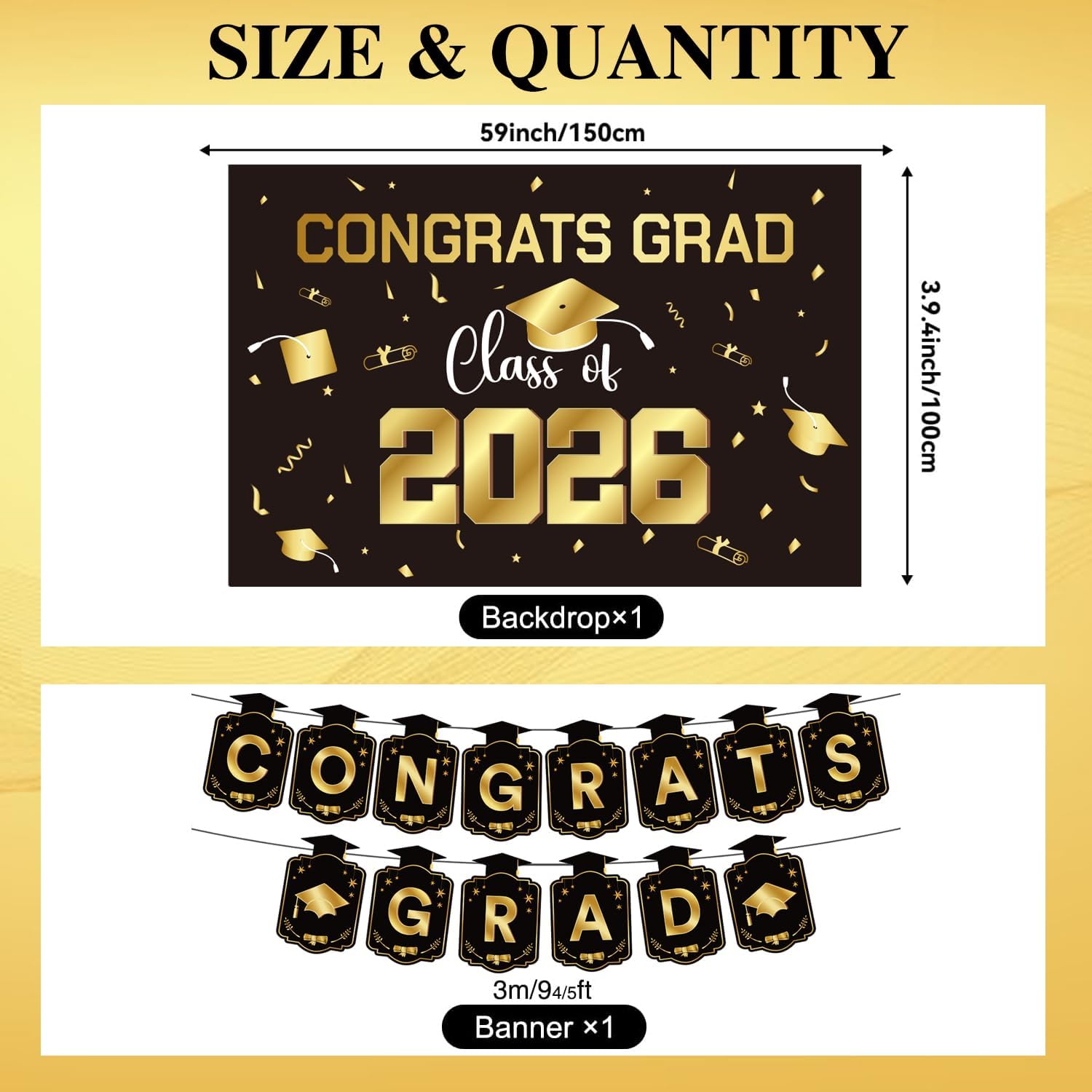 Detalle de Graduation Decorations 2026 Gold Themed Set (Congrats Grad Banner, Backdrop, Balloons & Streamers) — Complete Party Supplies for Class of 2026