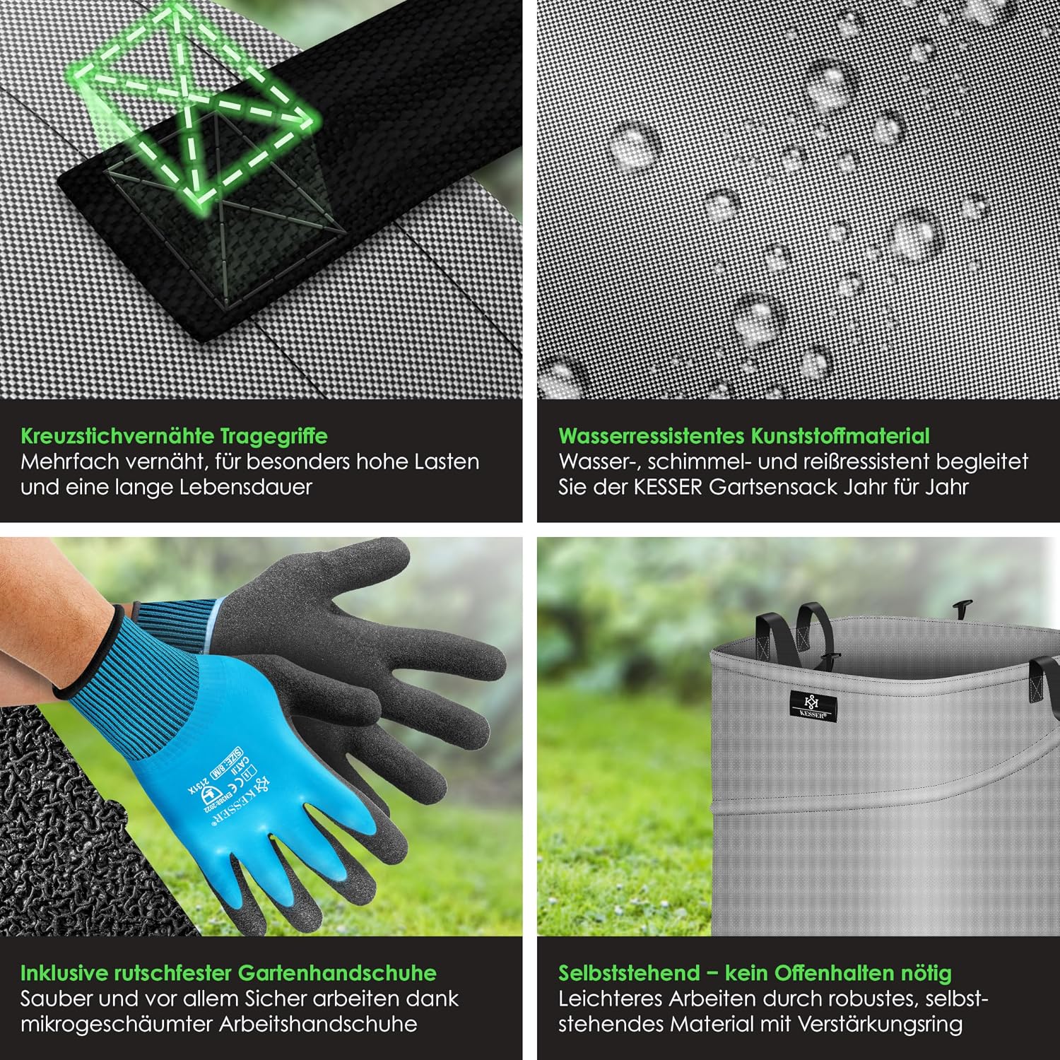 Detalle de KESSER Pop-Up-Gartensack 73L Laubsack – Selbststehend mit Griffe, inkl. Handschuhe