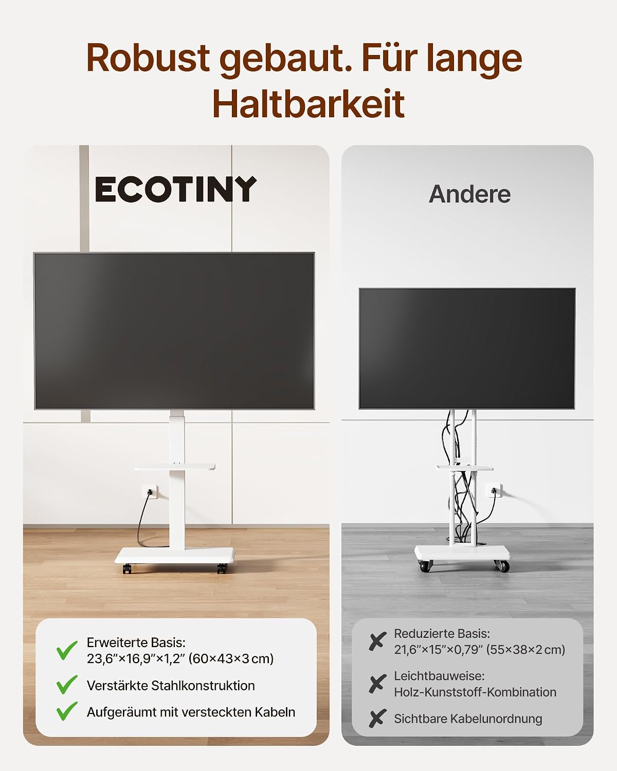 Thumbnail 6 de ECOTINY TV Ständer Rollbar aus Stahl für 37–75 Zoll – höhenverstellbar, schwenkbar, neigbar, Kabelverwaltung, Weiß