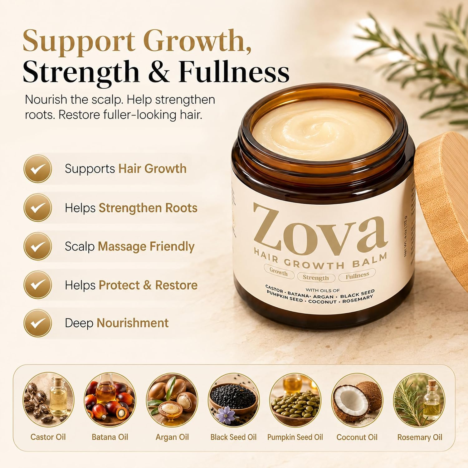 Detalle de Zova Hair Growth Balm – Batana, Castor, Argan & Rosemary Oil Blend for Thicker, Stronger Hair