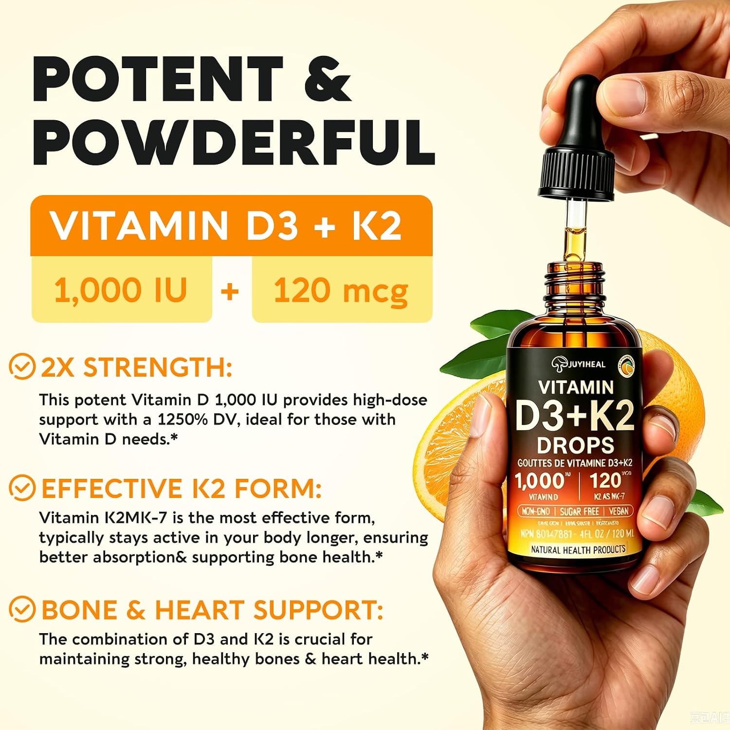 Thumbnail 3 de JUYIHEAL 4-in-1 Vitamin D3 K2 Drops, 120 mL, Orange-Flavoured