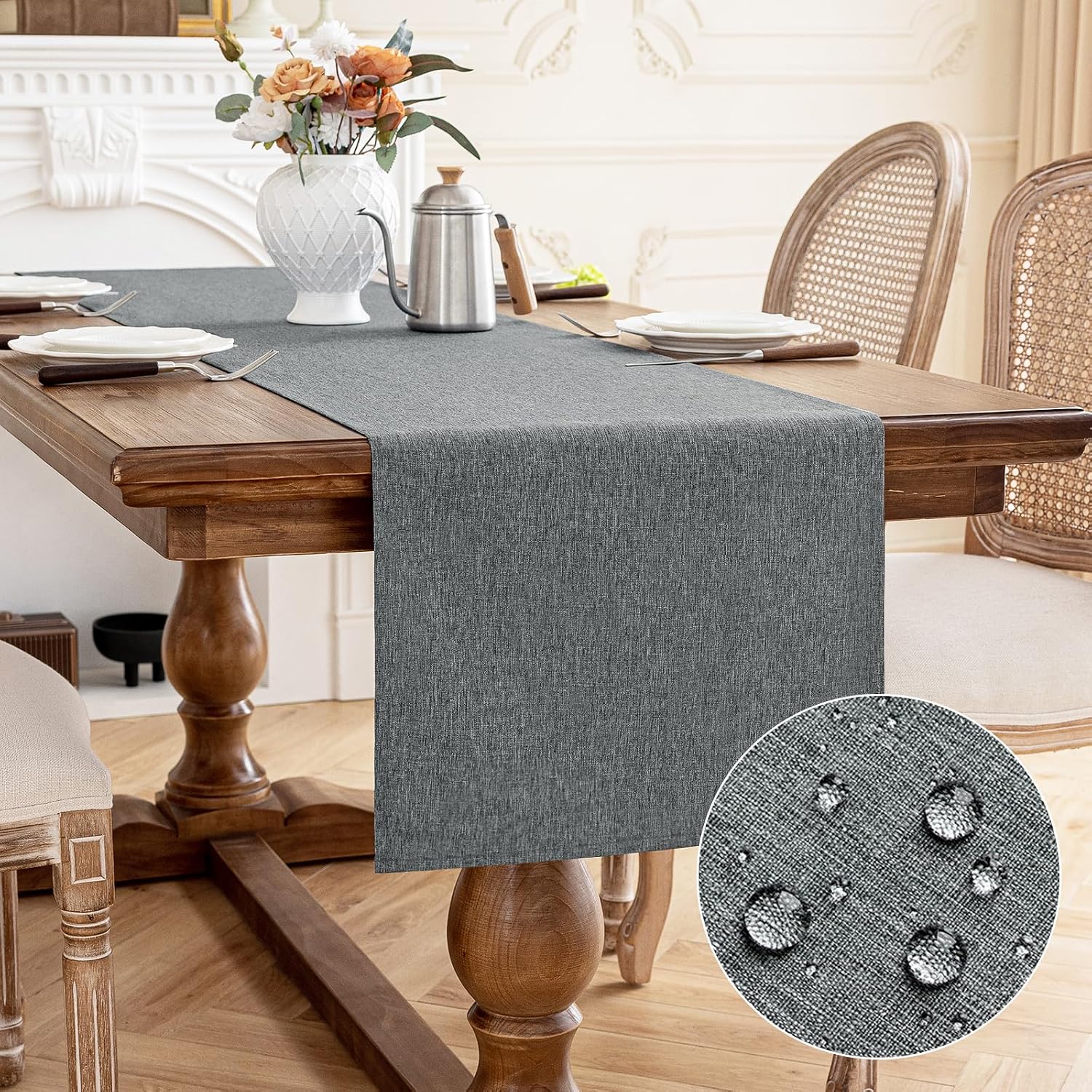 Detalle de AooHome Tischdecke 140x220 cm Grau (Leinen-Optik) – wasserabweisend & abwischbar
