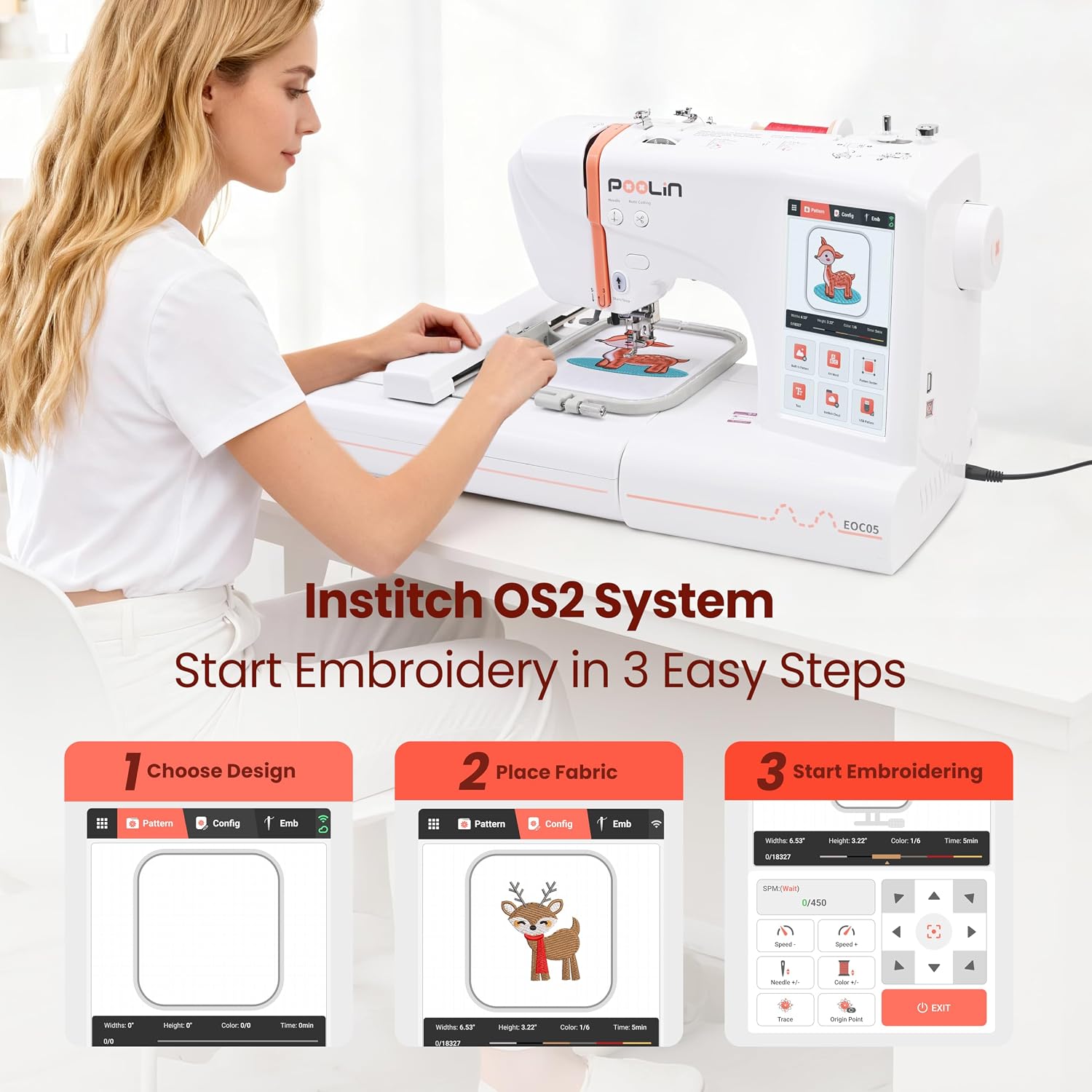 Detalle de Poolin EOC05V2TSTAND-FBA Embroidery Machine with Dual Hoops and 7-Inch Touchscreen