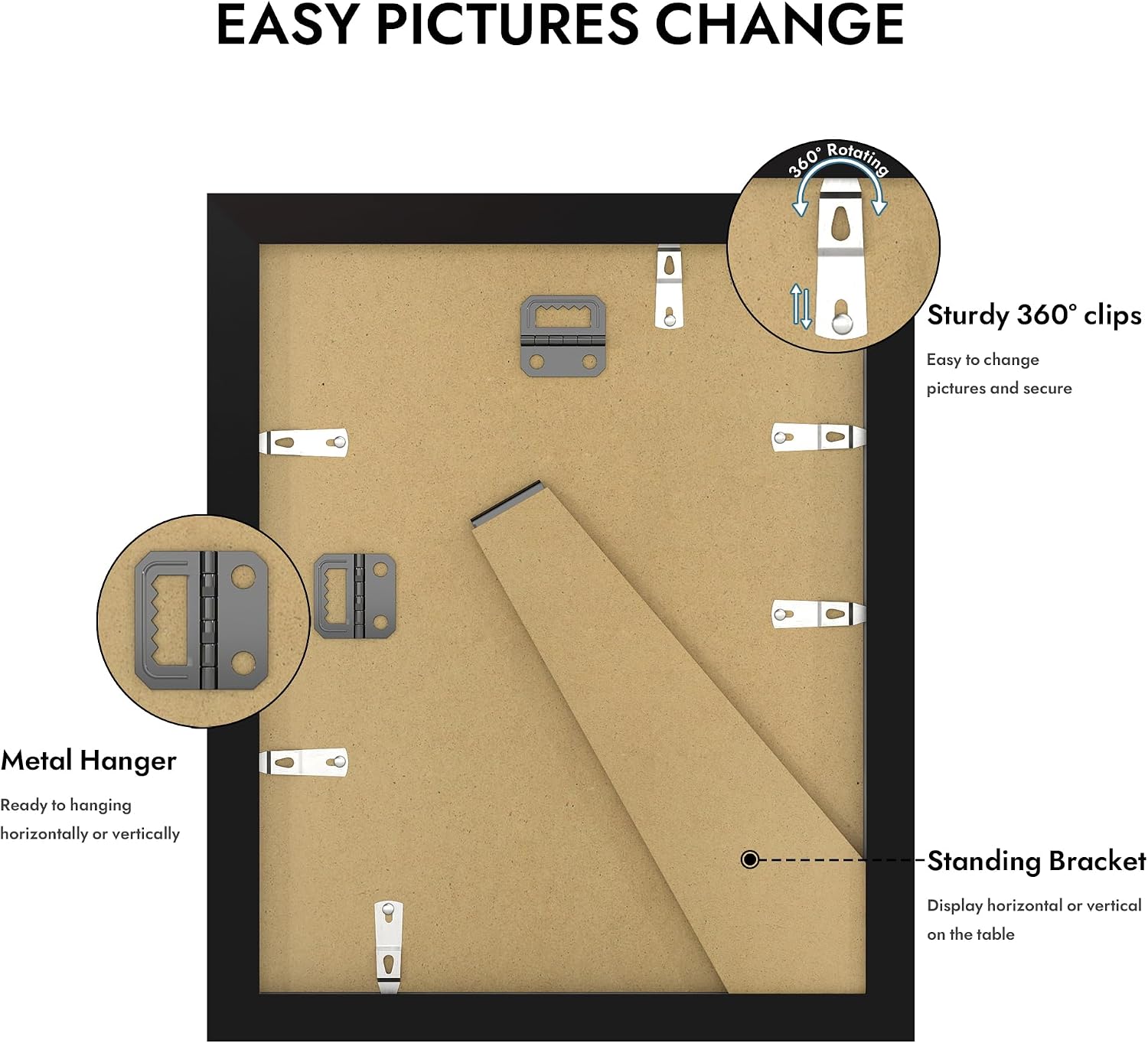 Detalle 2 de Hongkee 8x10 Picture Frame (Real Glass + Wood Frame, Black) — Wall or Tabletop Display, 1 Pack
