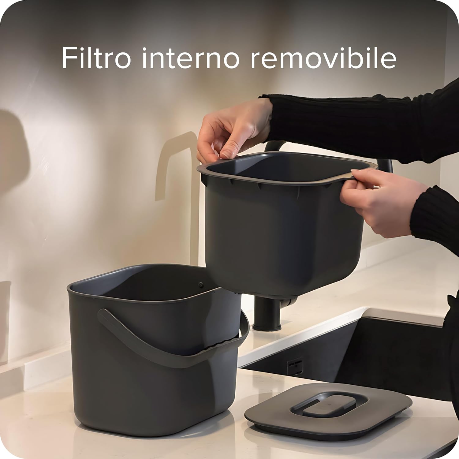 Detalle de Black Sweden Home bidone da cucina per compost organico 7 L grigio opaco con coperchio inodore