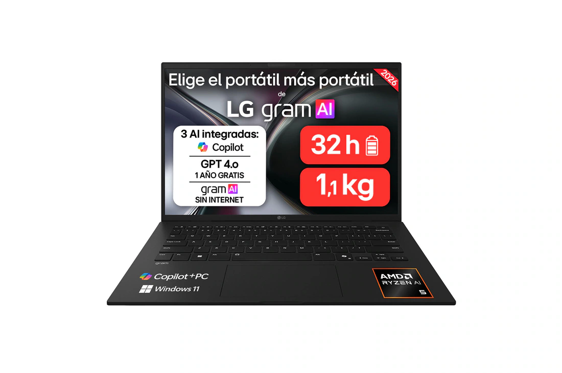 Detalle de LG gram 14Z95U-G.AS55BN: portátil ligero 14” con Windows 11 y batería de 32 h