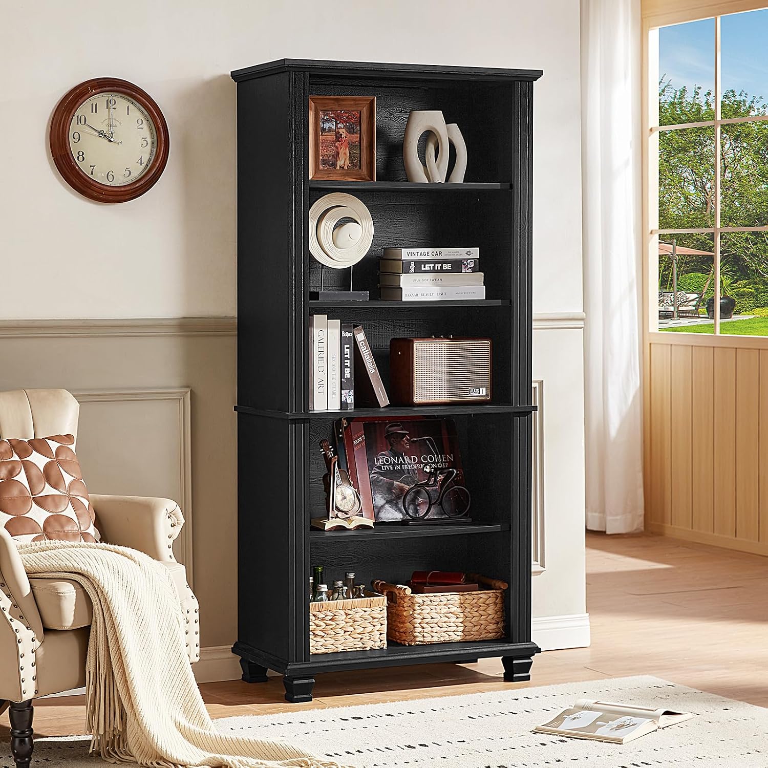 Detalle de SAVOR LIFE black tall bookshelf, 5-Tier Black Bookcase with Adjustable Shelves