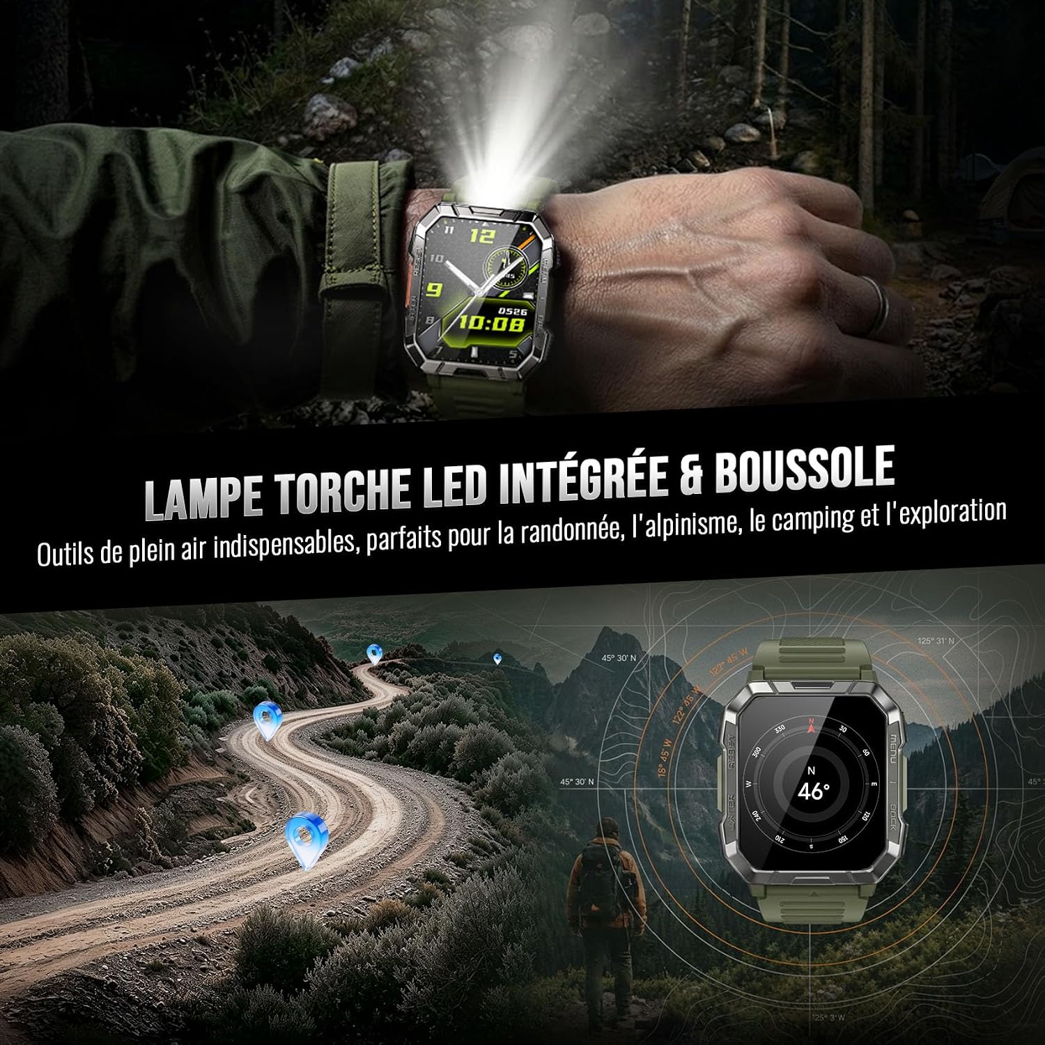 Detalle 2 de Blackview Montre Connectée Homme Militaire avec Torche LED SOS, Boussole et 100 Jours d’Autonomie
