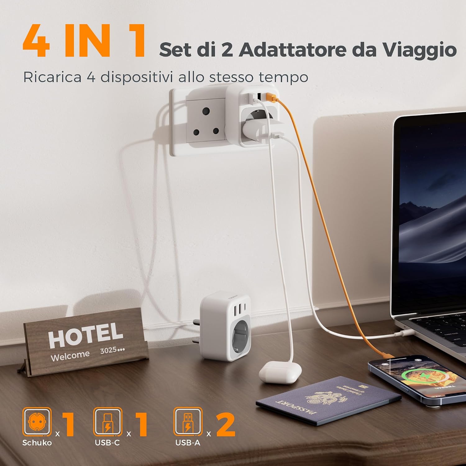 Detalle de TESSAN 2 Pack Adattatore Sudafrica e Namibia: 4 in 1 con USB-C e USB-A, Spina Tipo M, 2500 W