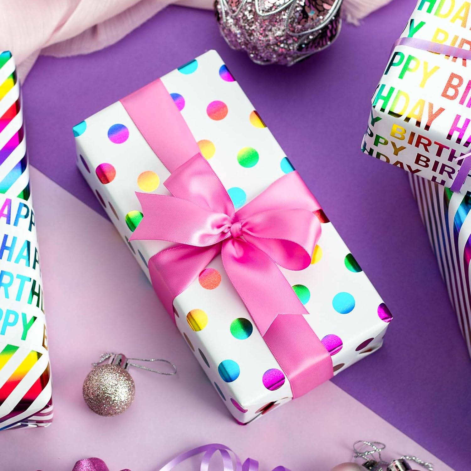 Thumbnail 5 de Wik adlik Geburtstags-Geschenkpapier, 3 Mini-Rollen, buntes Regenbogen-Design