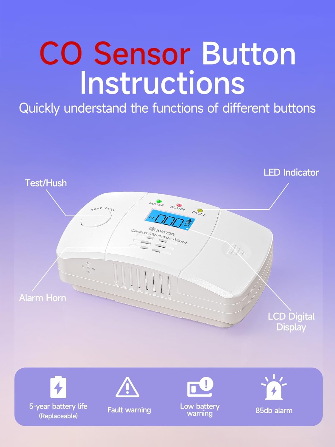 Thumbnail 4 de Heiman Carbon Monoxide Detector 10‑Year CO alarm 📟