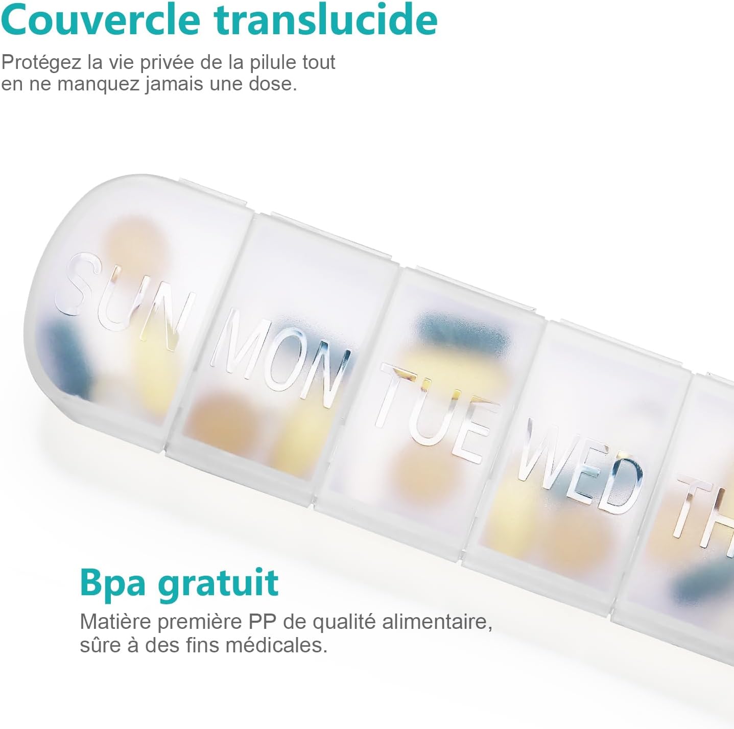 Detalle de FHORAIN pilulier hebdomadaire 7 jours avec grande boîte et étiquettes des jours gravées