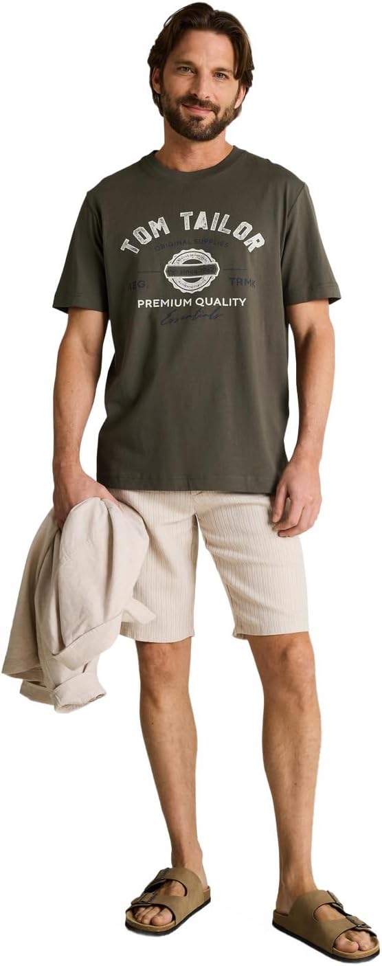 Detalle 2 de Tom Tailor Herren T-Shirt aus Baumwolle mit Logo-Print – Kurzarm, Passform und Tragekomfort