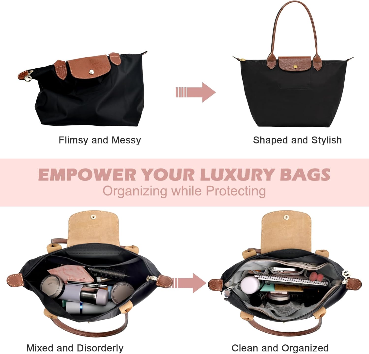 Detalle 2 de GADITIEK Bag Organiser for Longchamp Le Pliage Large, 15-pocket tote organiser