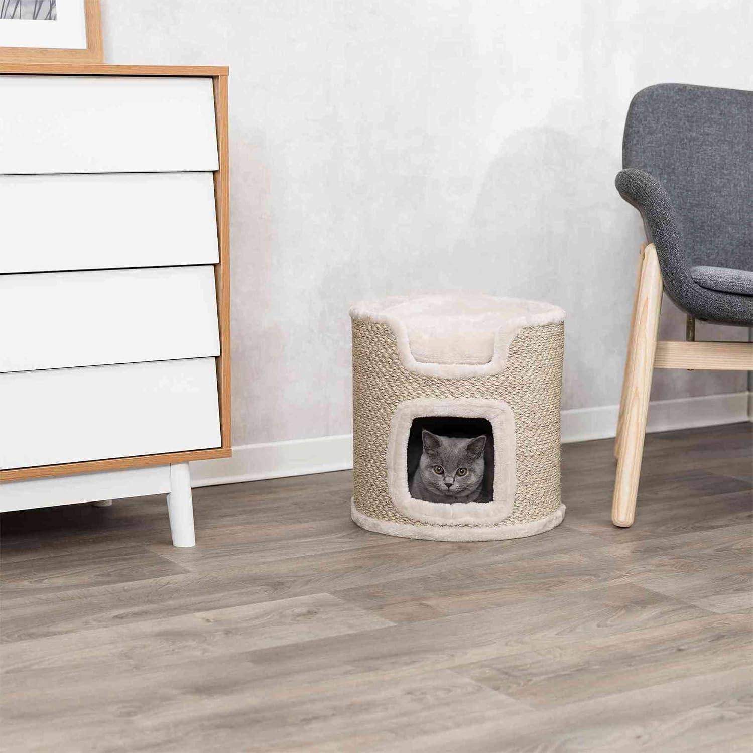 Detalle de TRIXIE Tower Ria kattenkrabmeubel 37 cm met sisal en pluche, lichtgrijs/naturel