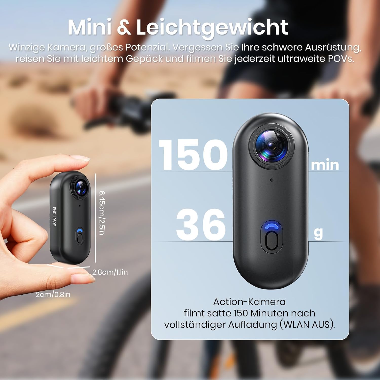 Detalle de Hiwoor Action Cam – Mini Bodycam mit 120° Weitwinkel, IP68 bis 30 m, 150 Min. Akku, 64 GB TF & umfangreichem Zubehör