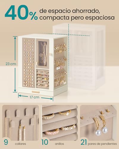 Thumbnail 3 de SONGMICS Caja de Joyería Giratoria 360°, Joyero con 4 Cajones, Organizador para Accesorios, Collares, Pulseras, Anillos y Pendientes, Idea de Regalo, Blanco Crema JBC211WD01
