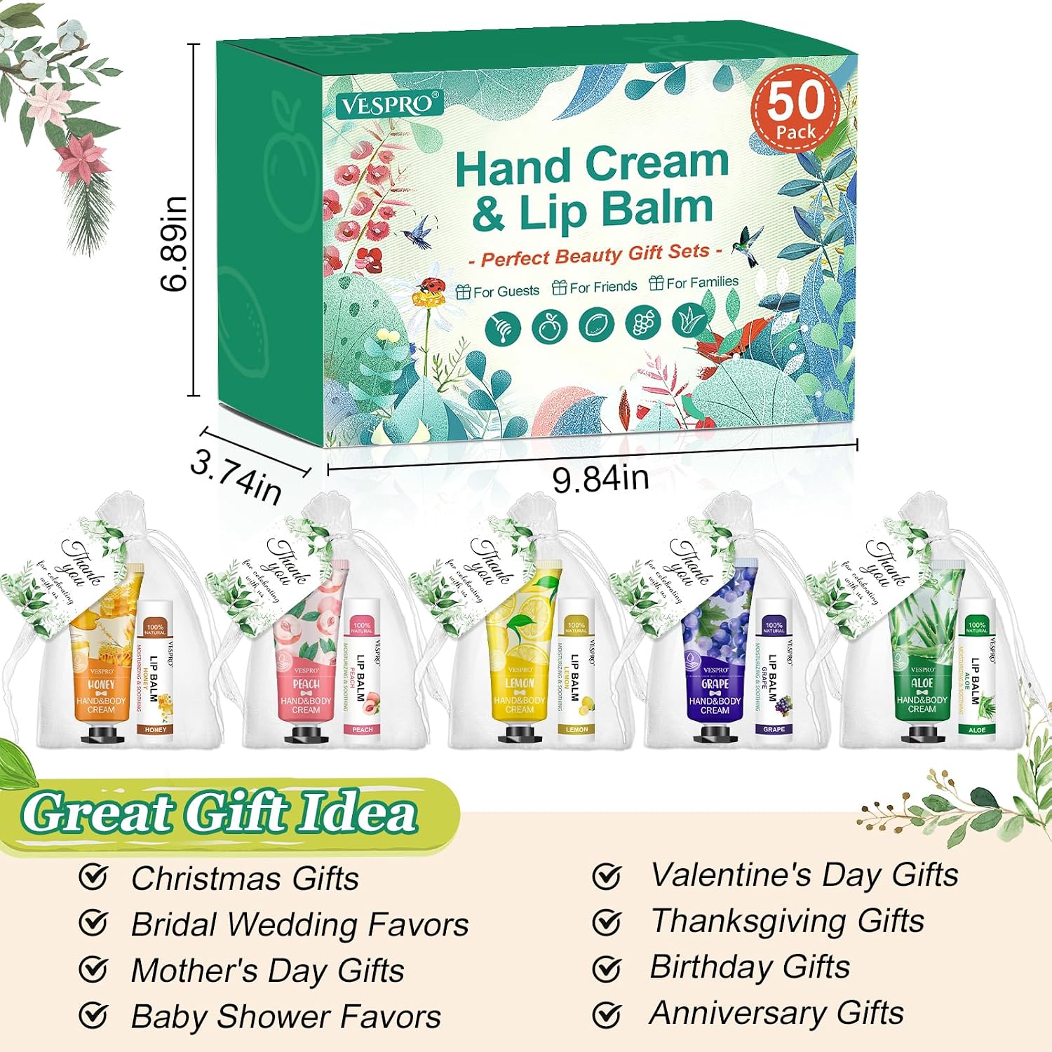 Detalle de 50 Sets Bulk Hand Cream and Bulk Lip Balm Gift Favors (Organza Bags + Thank Cards) for Easter, Mother’s Day & Weddings