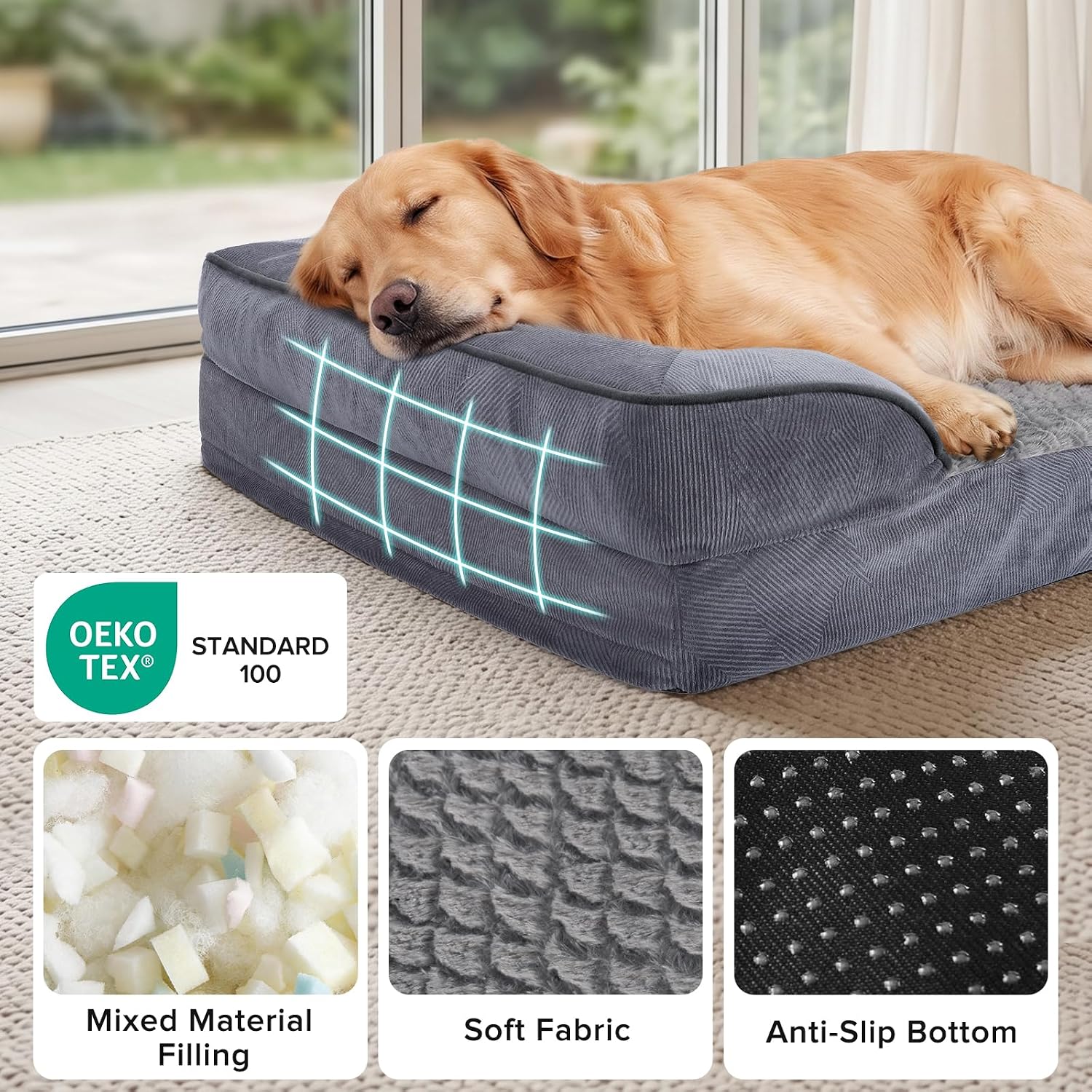 Detalle 1 de INVENHO Orthopedic Dog Beds Large & XL Washable Dog Sofa with Egg-Crate Foam