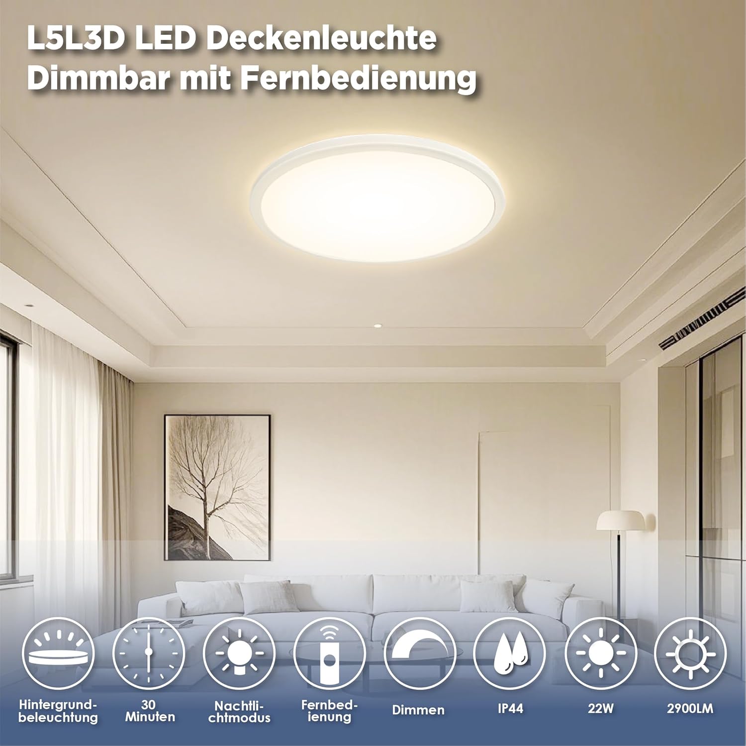 Thumbnail 1 de L5L3D Deckenlampe LED mit Fernbedienung – 42 cm, IP44, 2700K/4000K/6500K, 22W, 2900 lm