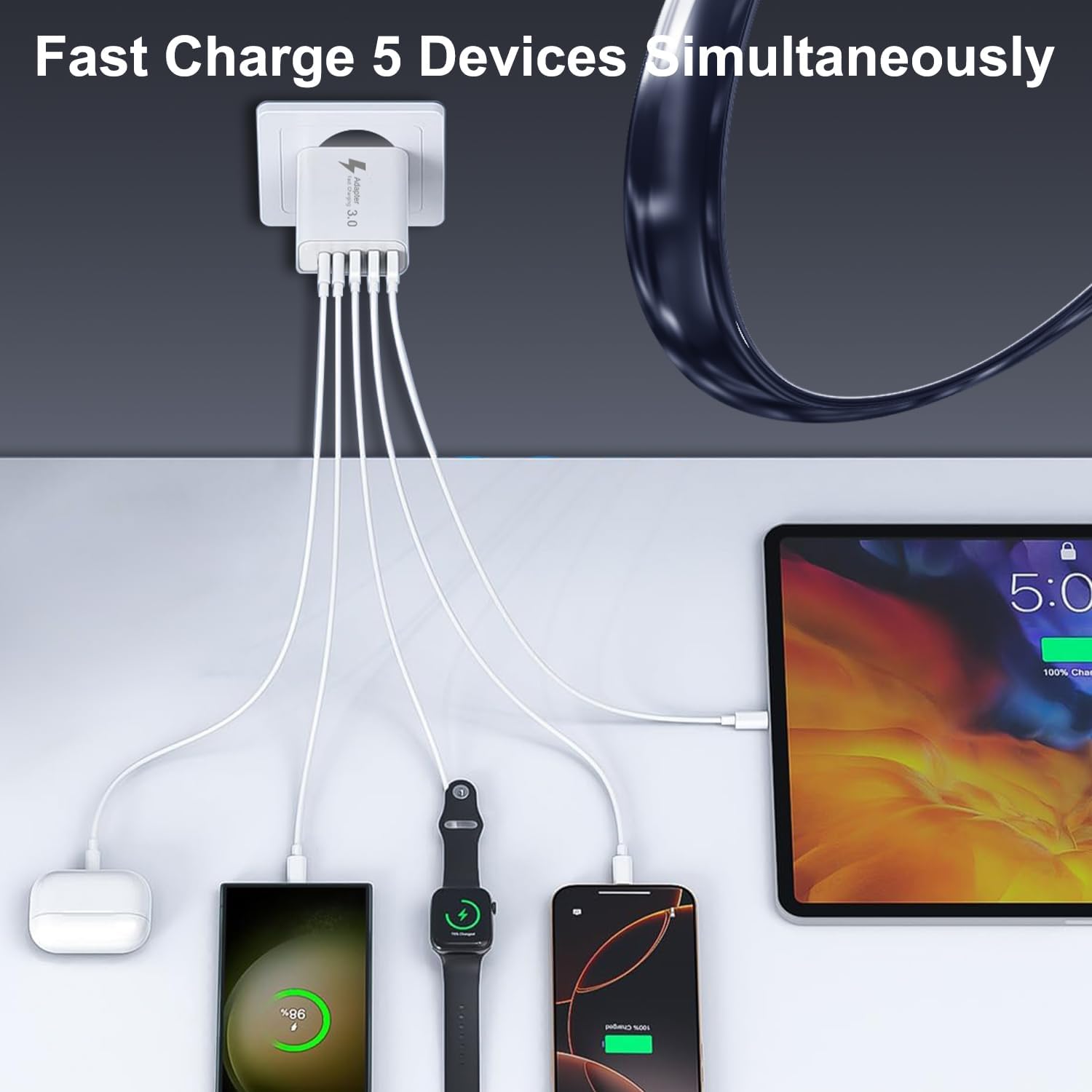 Detalle 2 de Chargeur USB C 50W 5 ports – PD & QC, 2 USB-C + 3 USB-A (iPhone et Galaxy)