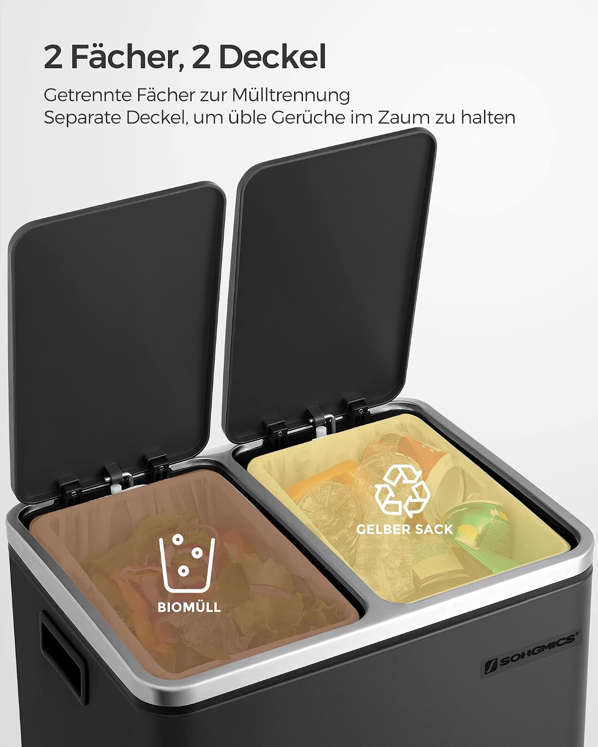 Detalle 1 de SONGMICS Mülleimer Küche 2x15 Liter, LTB30BK