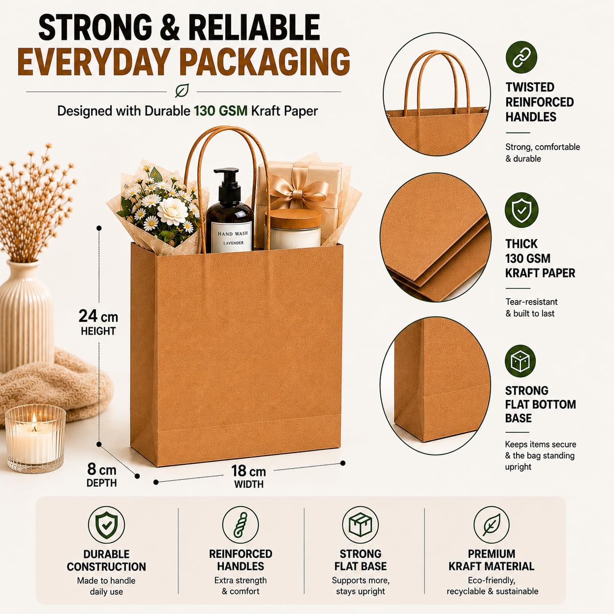 Detalle de HURUC 100 pcs Brown Paper Bags with Handles (130GSM kraft), small gift carrier bags for parties & everyday use (18x24x8cm)