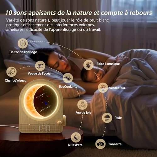 Thumbnail 7 de blonbar Lampe lune avec réveil à lumière du jour – lampe de chevet avec 2 réveils, 10 sons naturels et veilleuse nocturne