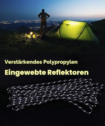 Detalle de HIKEMAN 4mm Reflektierende Zelt Abspannseile – 4 m, Karabinerhaken, 73 g, Tragfähigkeit bis 550 lbs