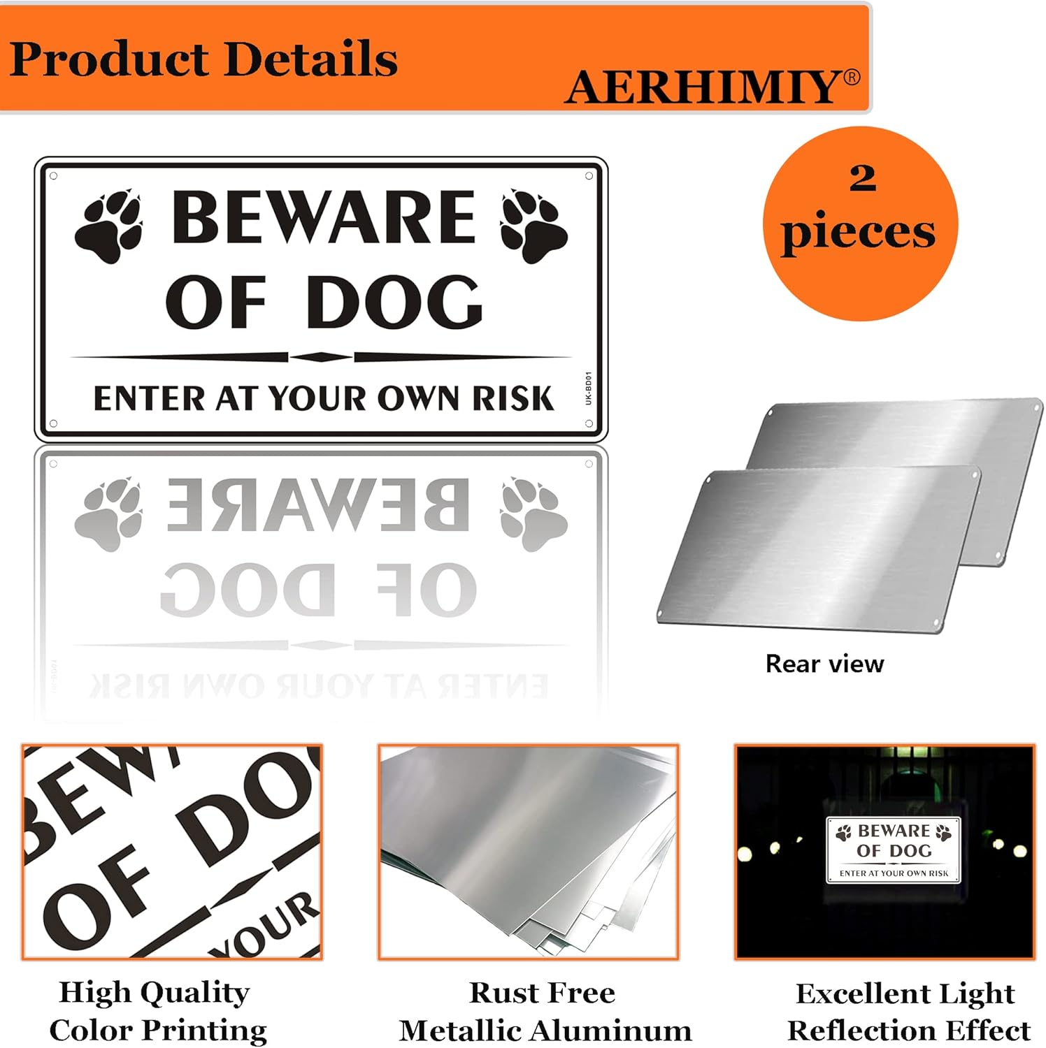 Thumbnail 2 de 2 Pack Beware of The Dog Reflective Metal Signs (Aluminium) – Enter at Your Own Risk