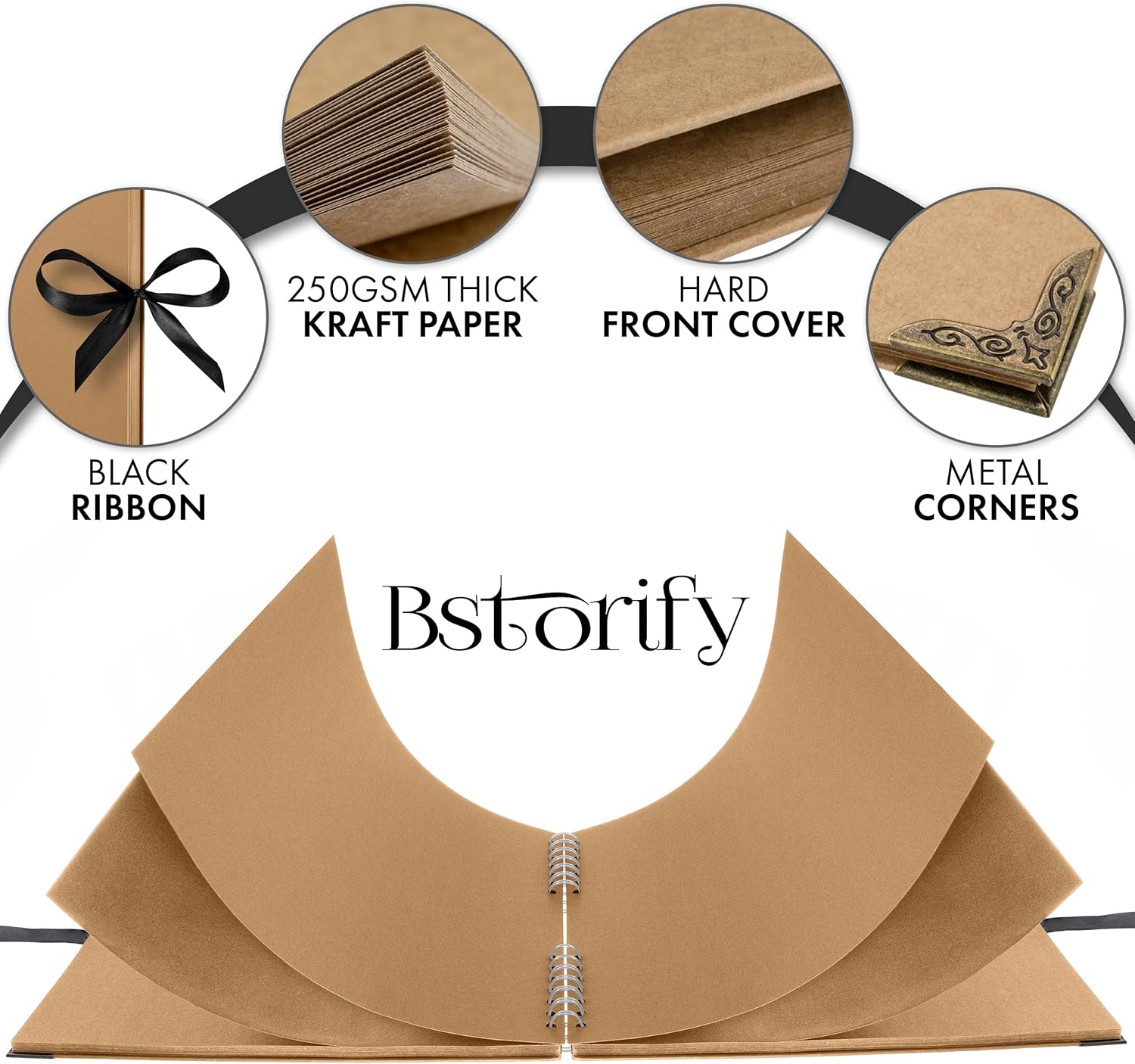 Detalle de Bstorify Large Scrapbook (28 x 28 cm) – 40 Sheets Kraft Paper Memory Book with Ribbon Closure