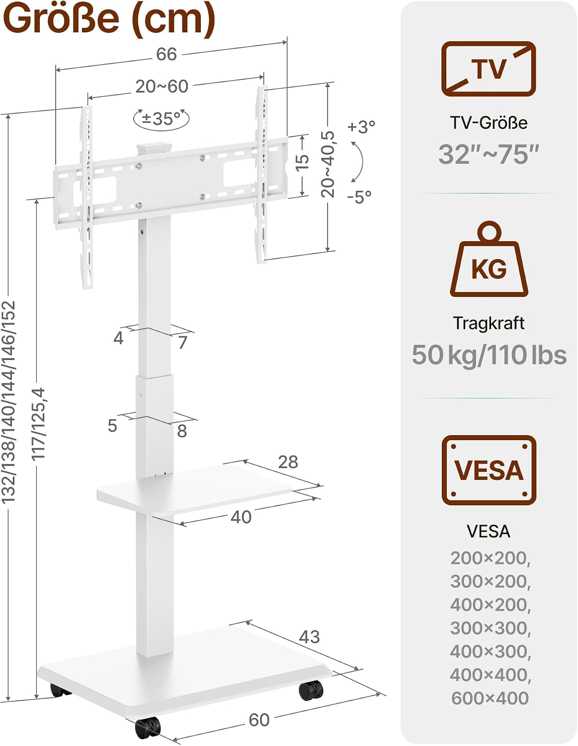 Detalle de ECOTINY TV Ständer Rollbar aus Stahl für 37–75 Zoll – höhenverstellbar, schwenkbar, neigbar, Kabelverwaltung, Weiß