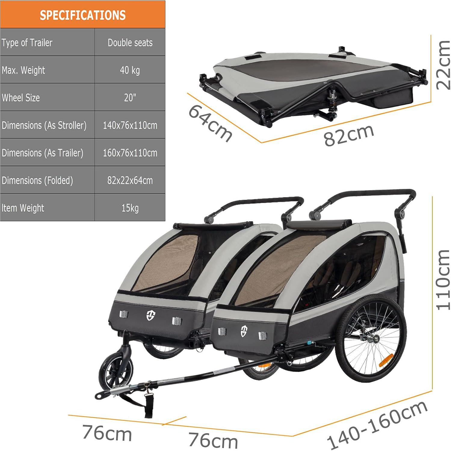Thumbnail 5 de Tiggo VS 2-in-1 Fahrradanhänger & Buggy-Set (360° drehbar, Federung) für 1–2 Kinder bis max. 40 kg