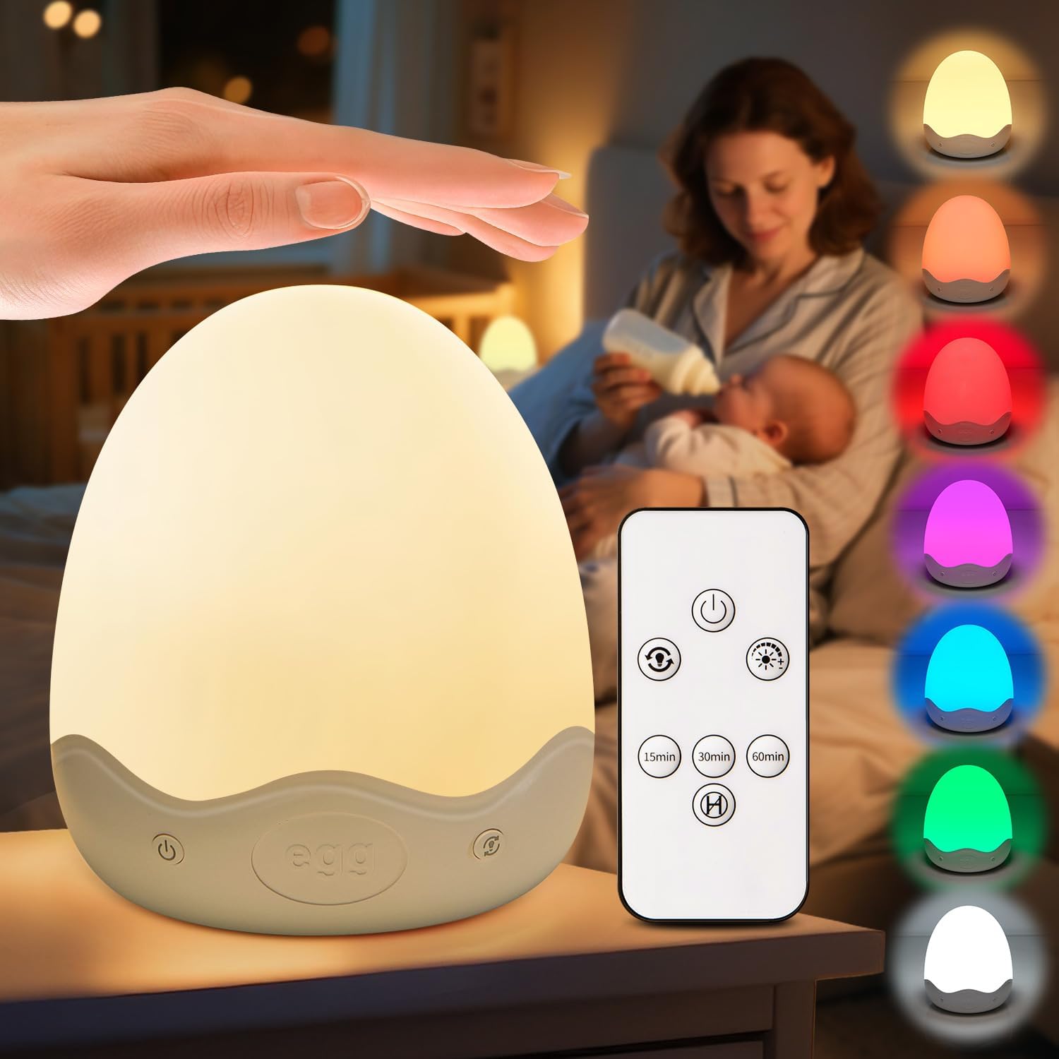 Detalle de COOLNIGHT Nachtlicht Kinder Eggy Egg – dimmbares Stilllicht mit Touch, Fernbedienung, 10 Farben und langer Akku