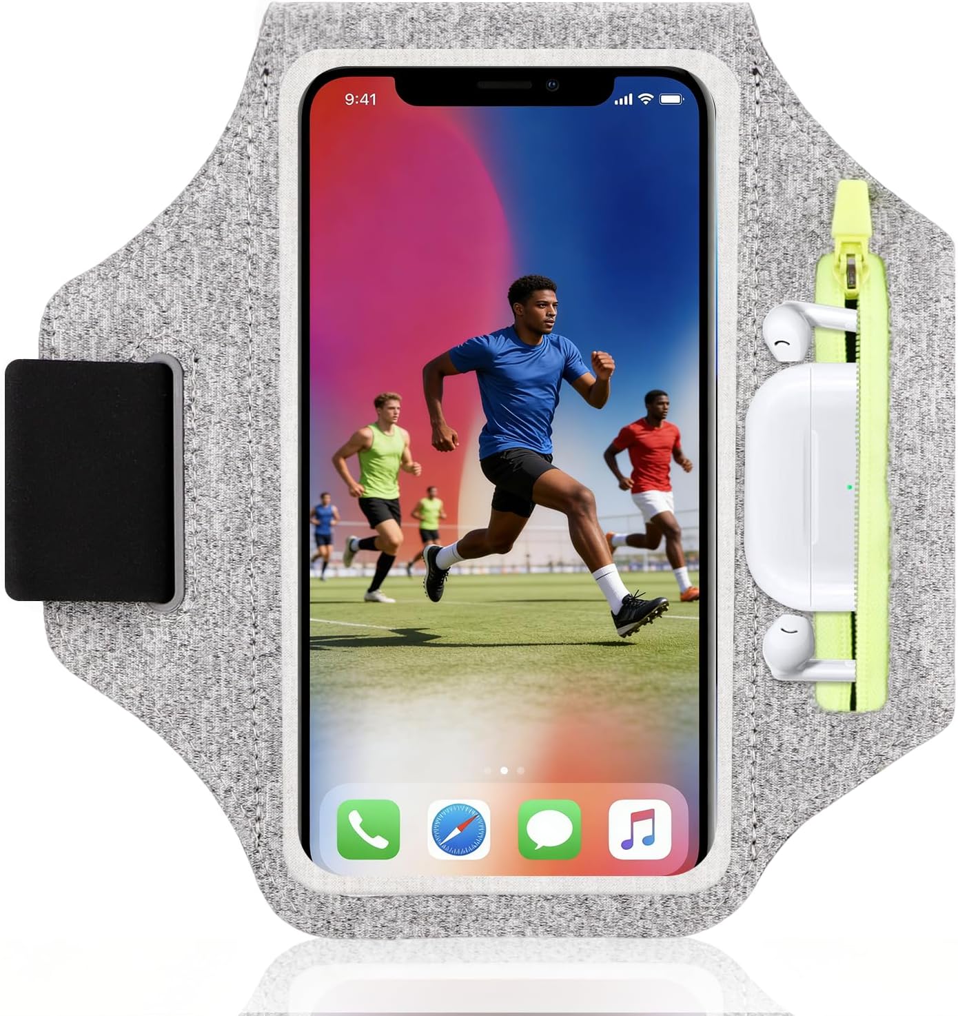 Detalle de Sportarmband mit Kopfhörer Tasche – Joggen-Hülle kompatibel mit iPhone 16 Pro Max / 15 Pro / 14 / 13 Pro / 12 Plus und Huawei P70 Pro
